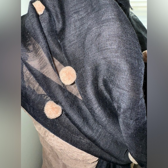 Randi & Will Collection Sheer Black Wool & Silk Scarf w/Taupe PomPoms - Picture 2 of 3